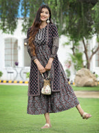 Juniper Women Black Chanderi Festive Printed Tiered Kurta - Distacart