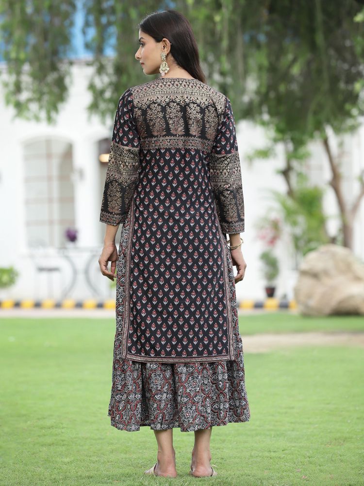 Juniper Women Black Chanderi Festive Printed Tiered Kurta - Distacart