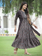Juniper Women Black Chanderi Festive Printed Tiered Kurta - Distacart