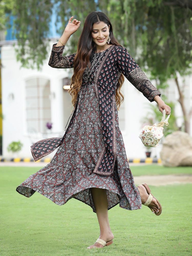 Juniper Women Black Chanderi Festive Printed Tiered Kurta - Distacart