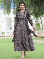 Juniper Women Black Chanderi Festive Printed Tiered Kurta - Distacart