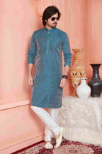 Raivat Ethnic Jacquard Banarasi Silk Pintux Work Kurta Pajama In Teal Blue Colour - Distacart