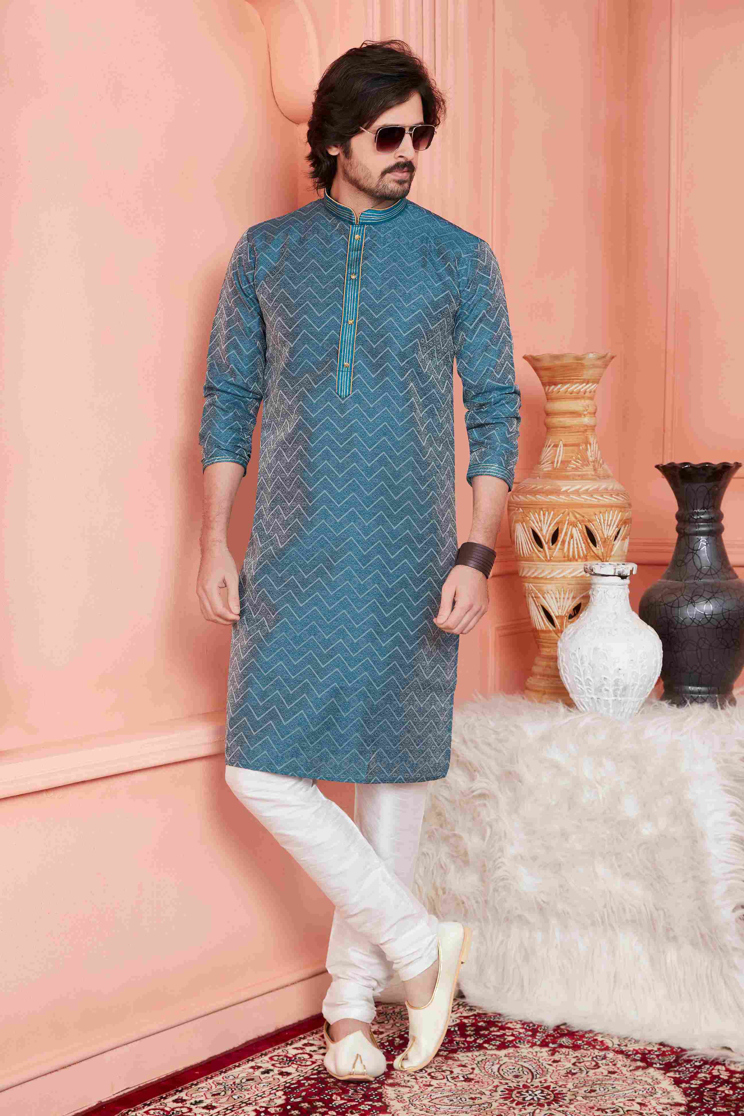 Raivat Ethnic Jacquard Banarasi Silk Pintux Work Kurta Pajama In Teal Blue Colour - Distacart
