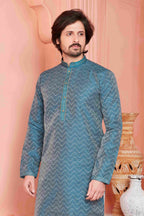 Raivat Ethnic Jacquard Banarasi Silk Pintux Work Kurta Pajama In Teal Blue Colour - Distacart