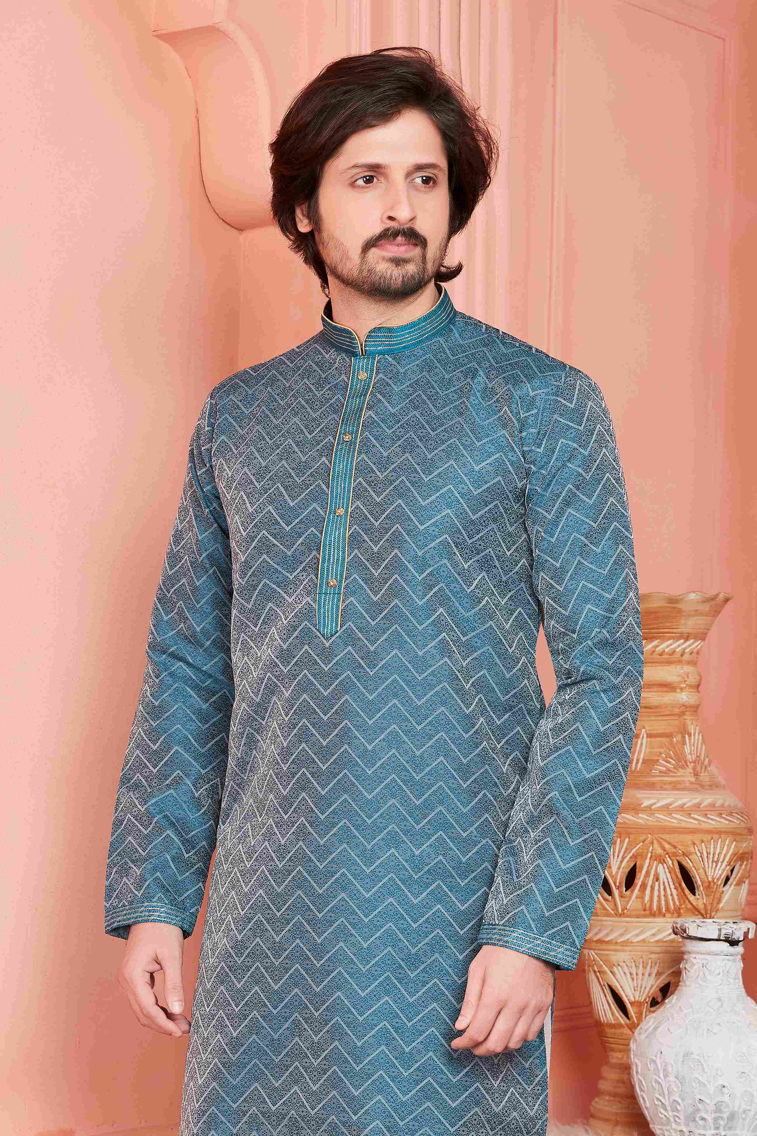 Raivat Ethnic Jacquard Banarasi Silk Pintux Work Kurta Pajama In Teal Blue Colour - Distacart