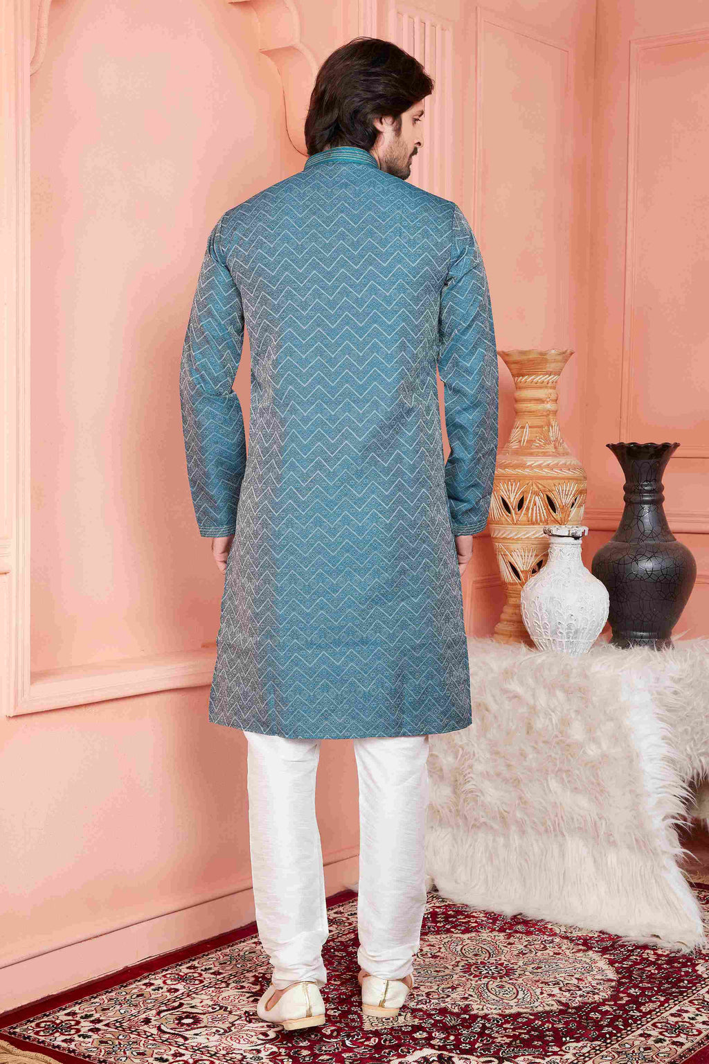 Raivat Ethnic Jacquard Banarasi Silk Pintux Work Kurta Pajama In Teal Blue Colour - Distacart
