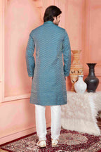 Raivat Ethnic Jacquard Banarasi Silk Pintux Work Kurta Pajama In Teal Blue Colour - Distacart