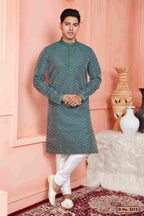 Raivat Ethnic Jacquard Banarasi Silk Pintux Work Kurta Pajama In Rama Green Colour - Distacart