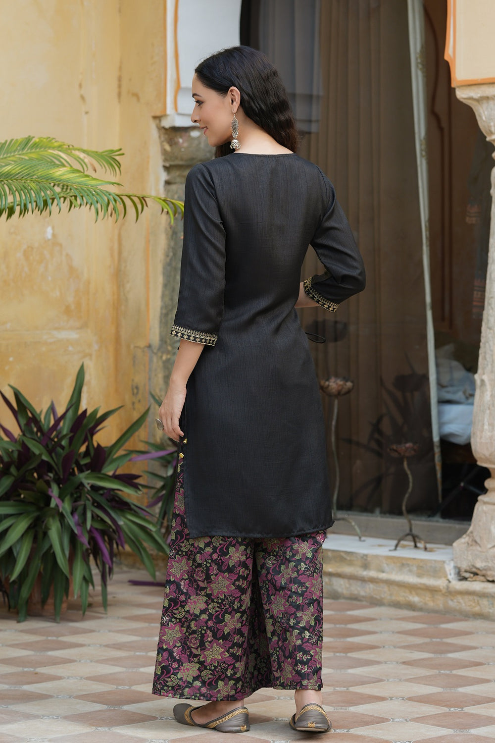 Juniper Black Satin Slub Festive Printed Straight Kurta Suit Set For Women - Distacart