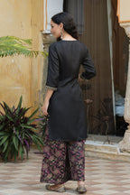 Juniper Black Satin Slub Festive Printed Straight Kurta Suit Set For Women - Distacart