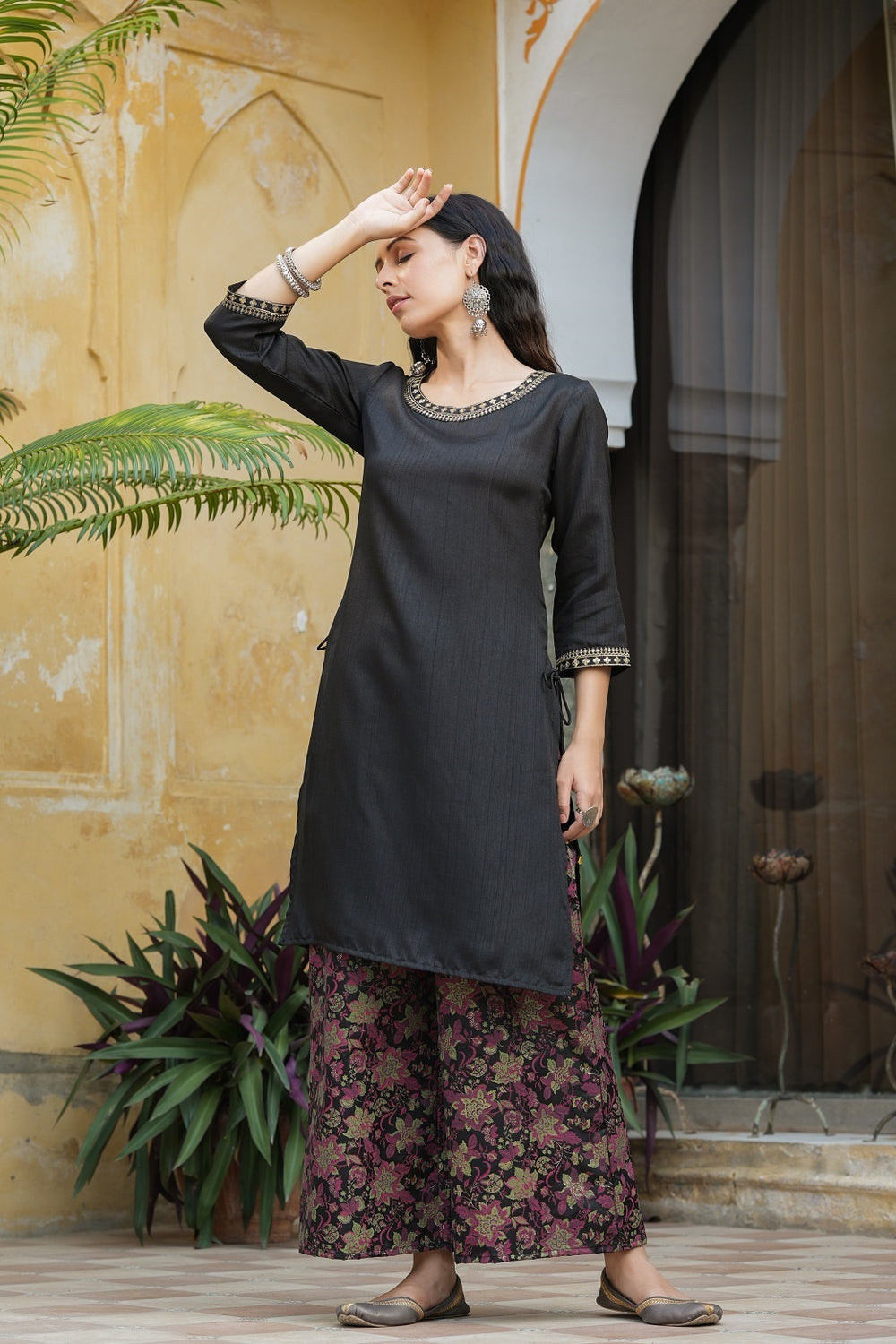 Juniper Black Satin Slub Festive Printed Straight Kurta Suit Set For Women - Distacart
