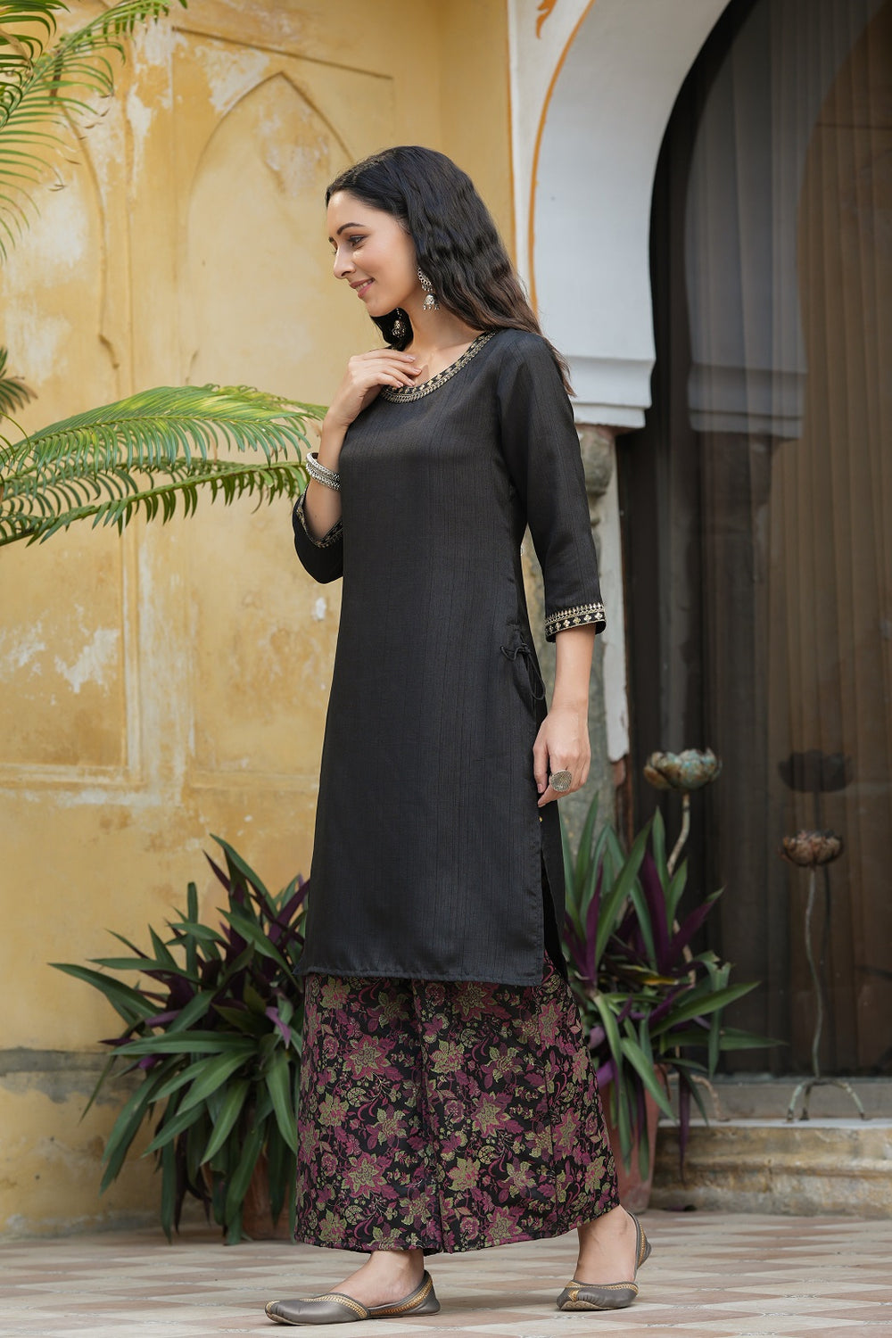 Juniper Black Satin Slub Festive Printed Straight Kurta Suit Set For Women - Distacart