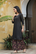 Juniper Black Satin Slub Festive Printed Straight Kurta Suit Set For Women - Distacart
