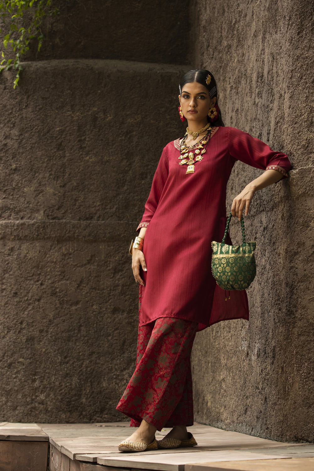 Juniper Maroon Satin Slub Festive Printed Straight Kurta Suit Set For Women - Distacart