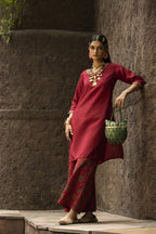 Juniper Maroon Satin Slub Festive Printed Straight Kurta Suit Set For Women - Distacart