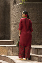 Juniper Maroon Satin Slub Festive Printed Straight Kurta Suit Set For Women - Distacart