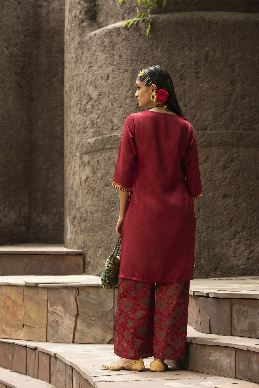 Juniper Maroon Satin Slub Festive Printed Straight Kurta Suit Set For Women - Distacart