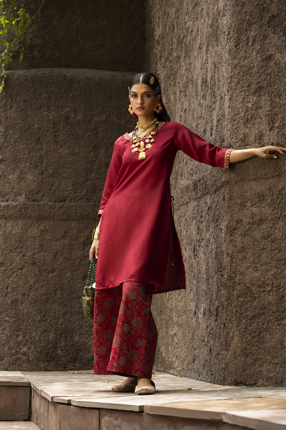 Juniper Maroon Satin Slub Festive Printed Straight Kurta Suit Set For Women - Distacart