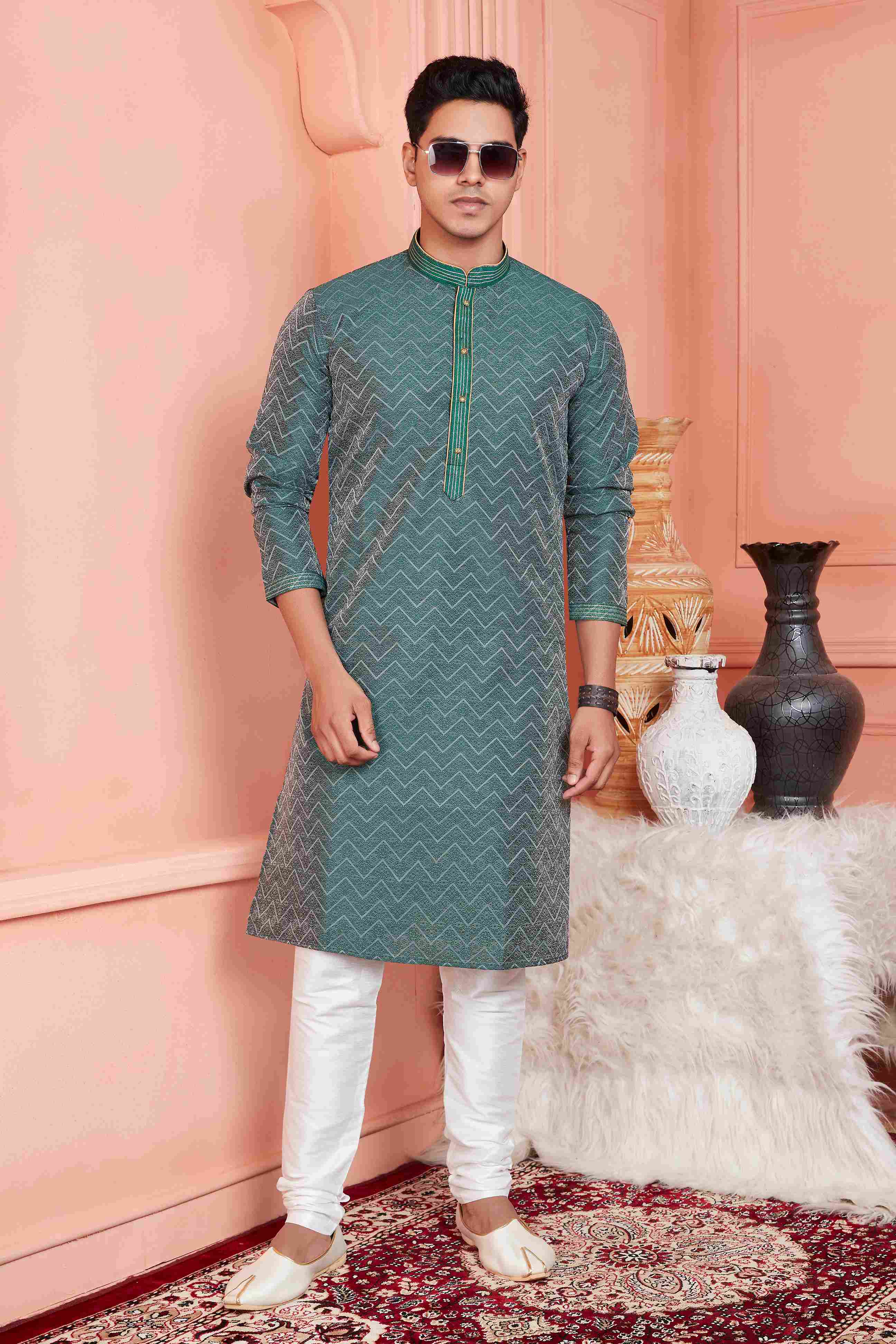Raivat Ethnic Jacquard Banarasi Silk Pintux Work Kurta Pajama In Rama Green Colour - Distacart