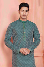 Raivat Ethnic Jacquard Banarasi Silk Pintux Work Kurta Pajama In Rama Green Colour - Distacart