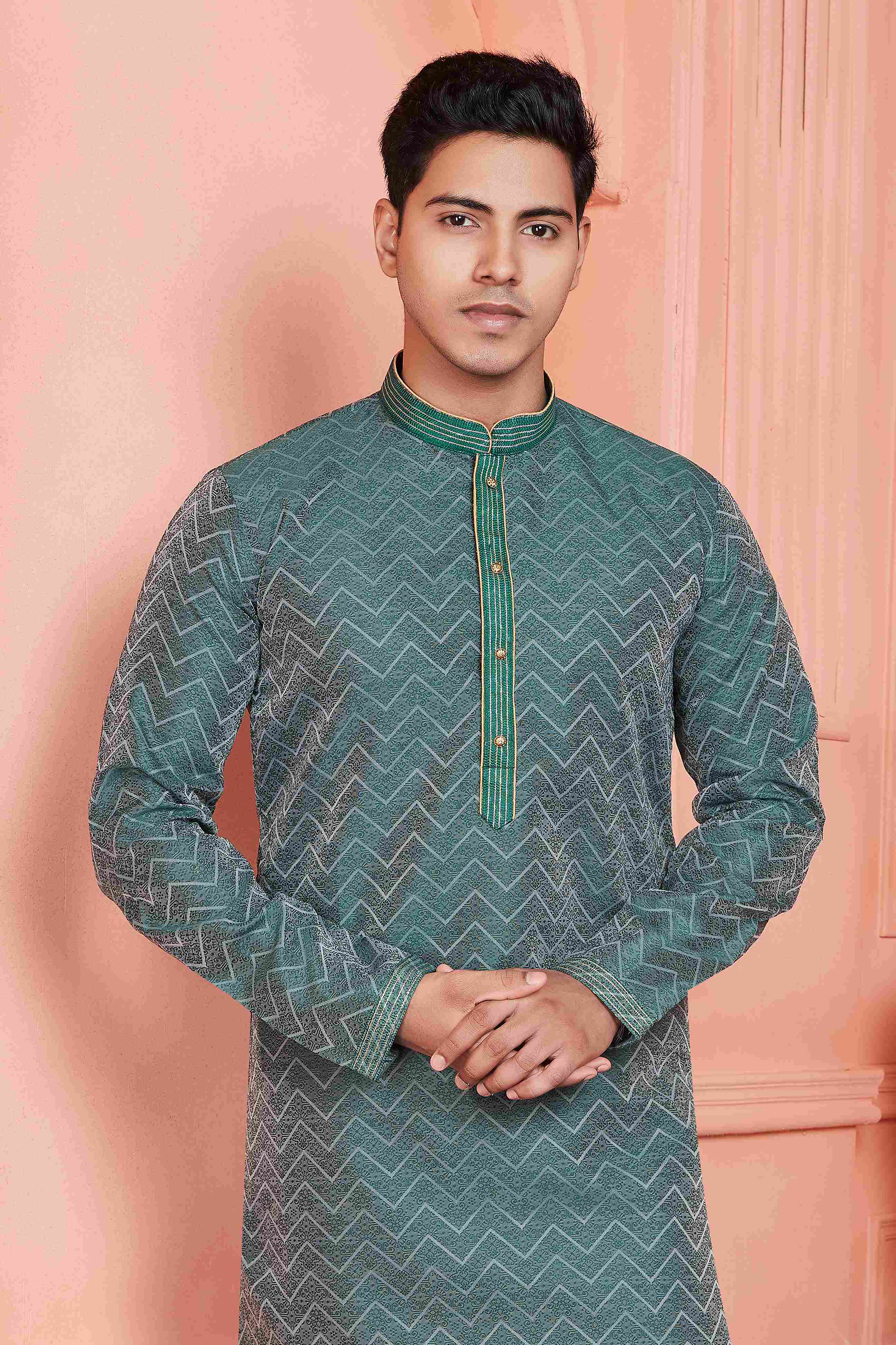 Raivat Ethnic Jacquard Banarasi Silk Pintux Work Kurta Pajama In Rama Green Colour - Distacart