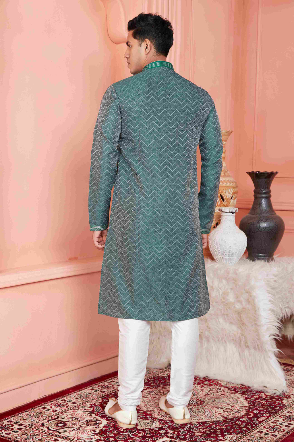 Raivat Ethnic Jacquard Banarasi Silk Pintux Work Kurta Pajama In Rama Green Colour - Distacart