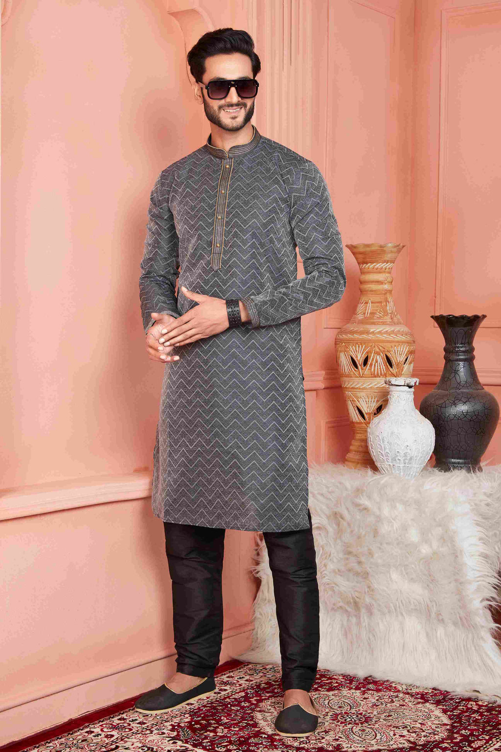 Raivat Ethnic Jacquard Banarasi Silk Pintux Work Kurta Pajama In Black Colour - Distacart