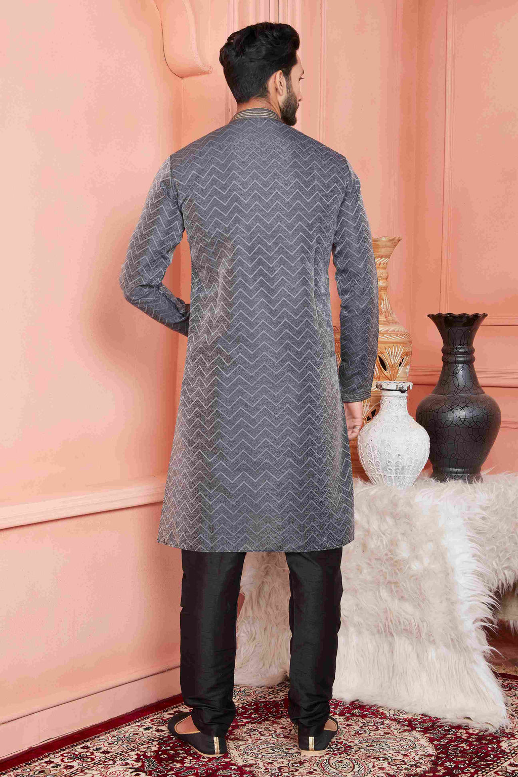 Raivat Ethnic Jacquard Banarasi Silk Pintux Work Kurta Pajama In Black Colour - Distacart