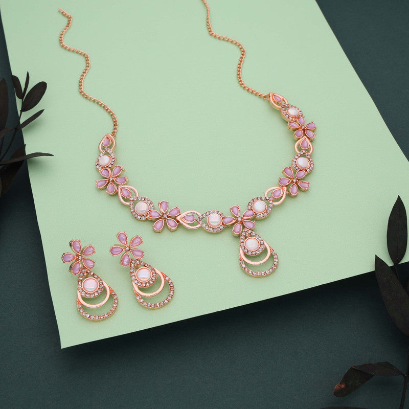 Tehzeeb Creations Rose Gold-Polished Lavender Colour Necklace With Stud
