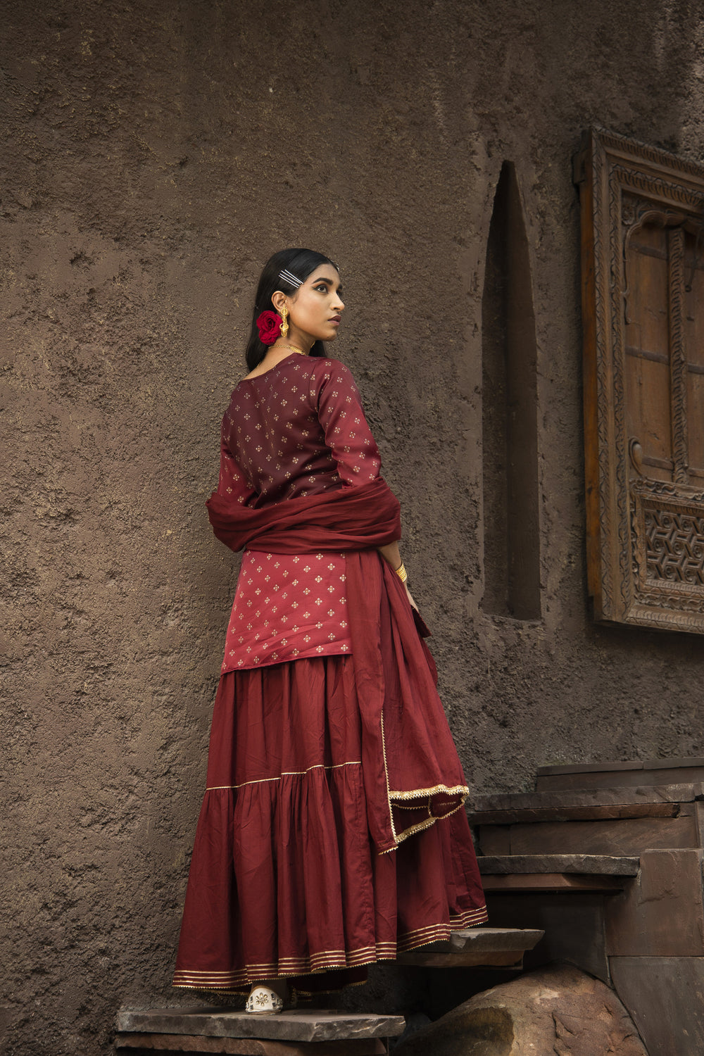 Juniper Maroon Satin Slub Festive Embroidered Printed Straight Kurta Skirt Dupatta Set - Distacart