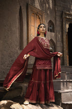 Juniper Maroon Satin Slub Festive Embroidered Printed Straight Kurta Skirt Dupatta Set - Distacart