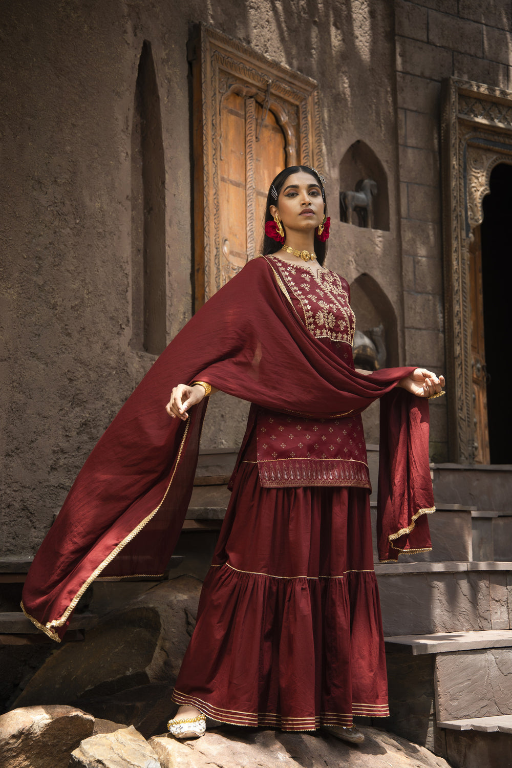 Juniper Maroon Satin Slub Festive Embroidered Printed Straight Kurta Skirt Dupatta Set - Distacart