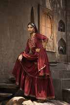 Juniper Maroon Satin Slub Festive Embroidered Printed Straight Kurta Skirt Dupatta Set - Distacart