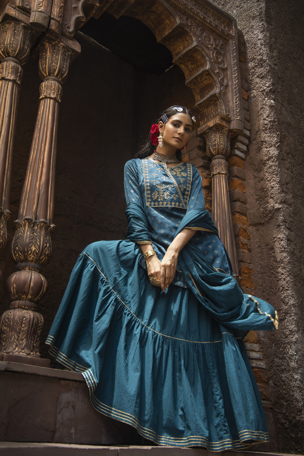 Juniper Teal Satin Slub Festive Embroidered Printed Straight Kurta Skirt Dupatta For Women - Distacart