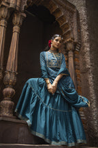 Juniper Teal Satin Slub Festive Embroidered Printed Straight Kurta Skirt Dupatta For Women - Distacart