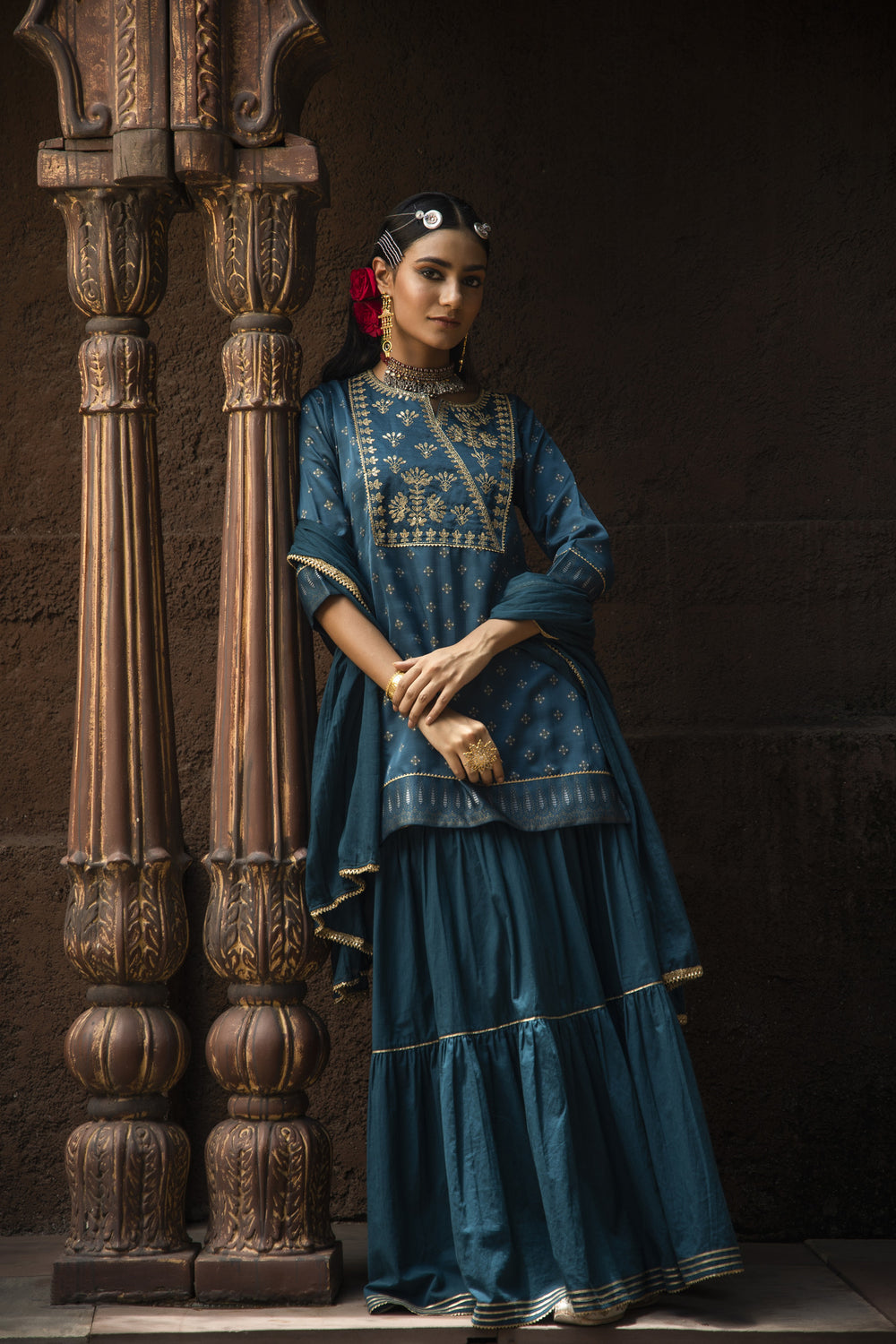 Juniper Teal Satin Slub Festive Embroidered Printed Straight Kurta Skirt Dupatta For Women - Distacart