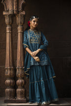 Juniper Teal Satin Slub Festive Embroidered Printed Straight Kurta Skirt Dupatta For Women - Distacart