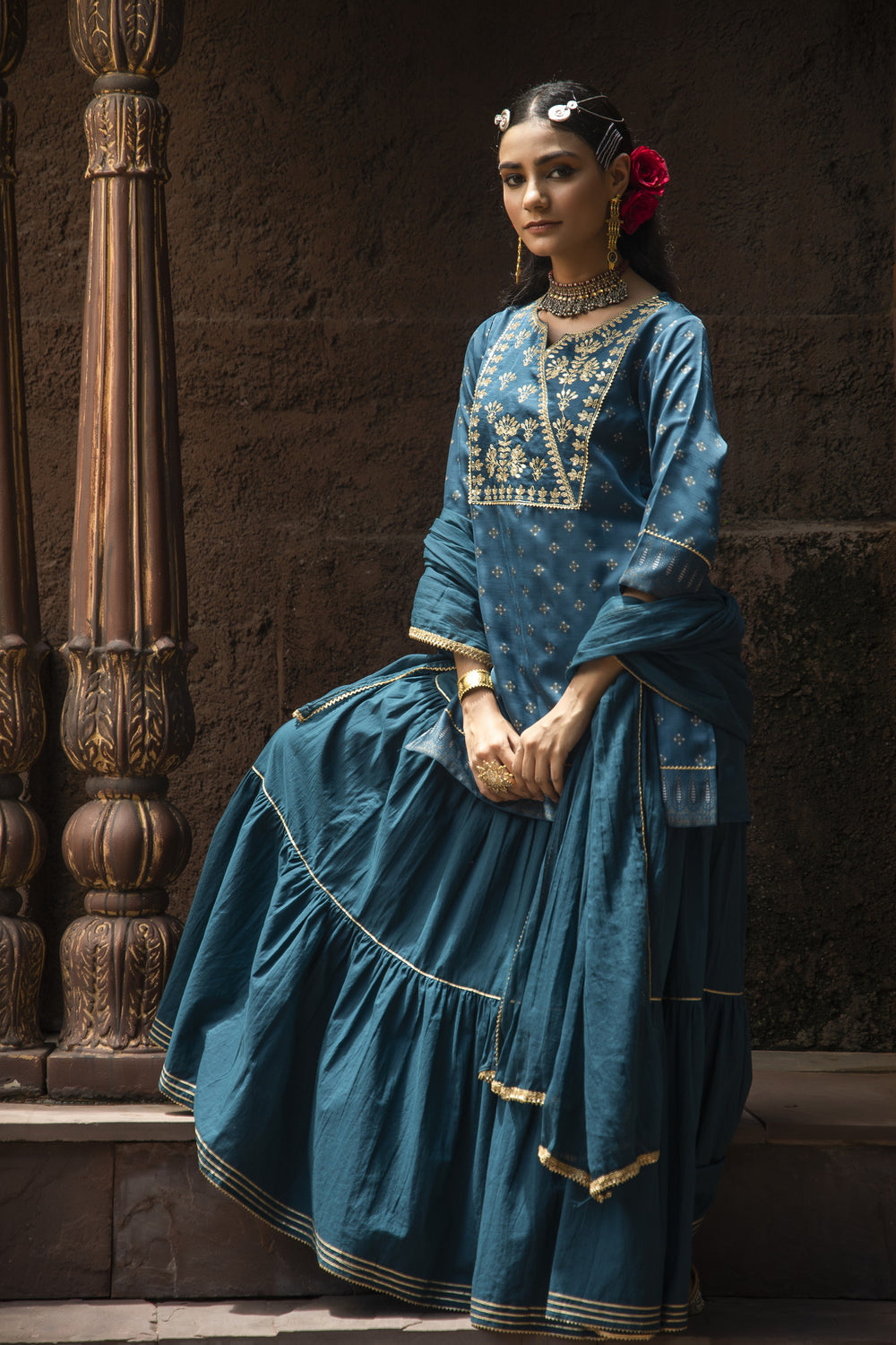 Juniper Teal Satin Slub Festive Embroidered Printed Straight Kurta Skirt Dupatta For Women - Distacart
