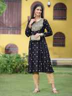 Juniper Women Black Rayon Festive Foil Printed Anarkali Flared Anarkali Kurta - Distacart