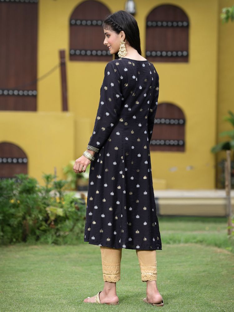 Juniper Women Black Rayon Festive Foil Printed Anarkali Flared Anarkali Kurta - Distacart