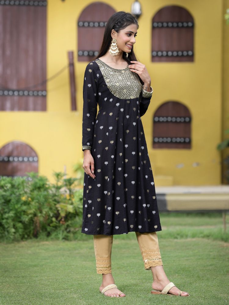 Juniper Women Black Rayon Festive Foil Printed Anarkali Flared Anarkali Kurta - Distacart