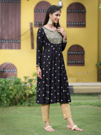 Juniper Women Black Rayon Festive Foil Printed Anarkali Flared Anarkali Kurta - Distacart