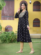 Juniper Women Black Rayon Festive Foil Printed Anarkali Flared Anarkali Kurta - Distacart