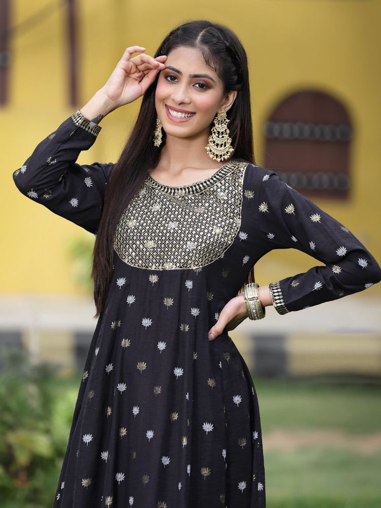 Juniper Women Black Rayon Festive Foil Printed Anarkali Flared Anarkali Kurta - Distacart