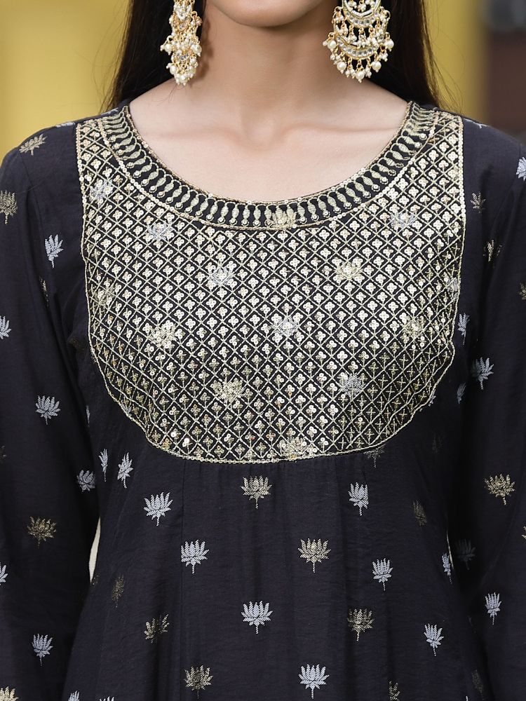 Juniper Women Black Rayon Festive Foil Printed Anarkali Flared Anarkali Kurta - Distacart