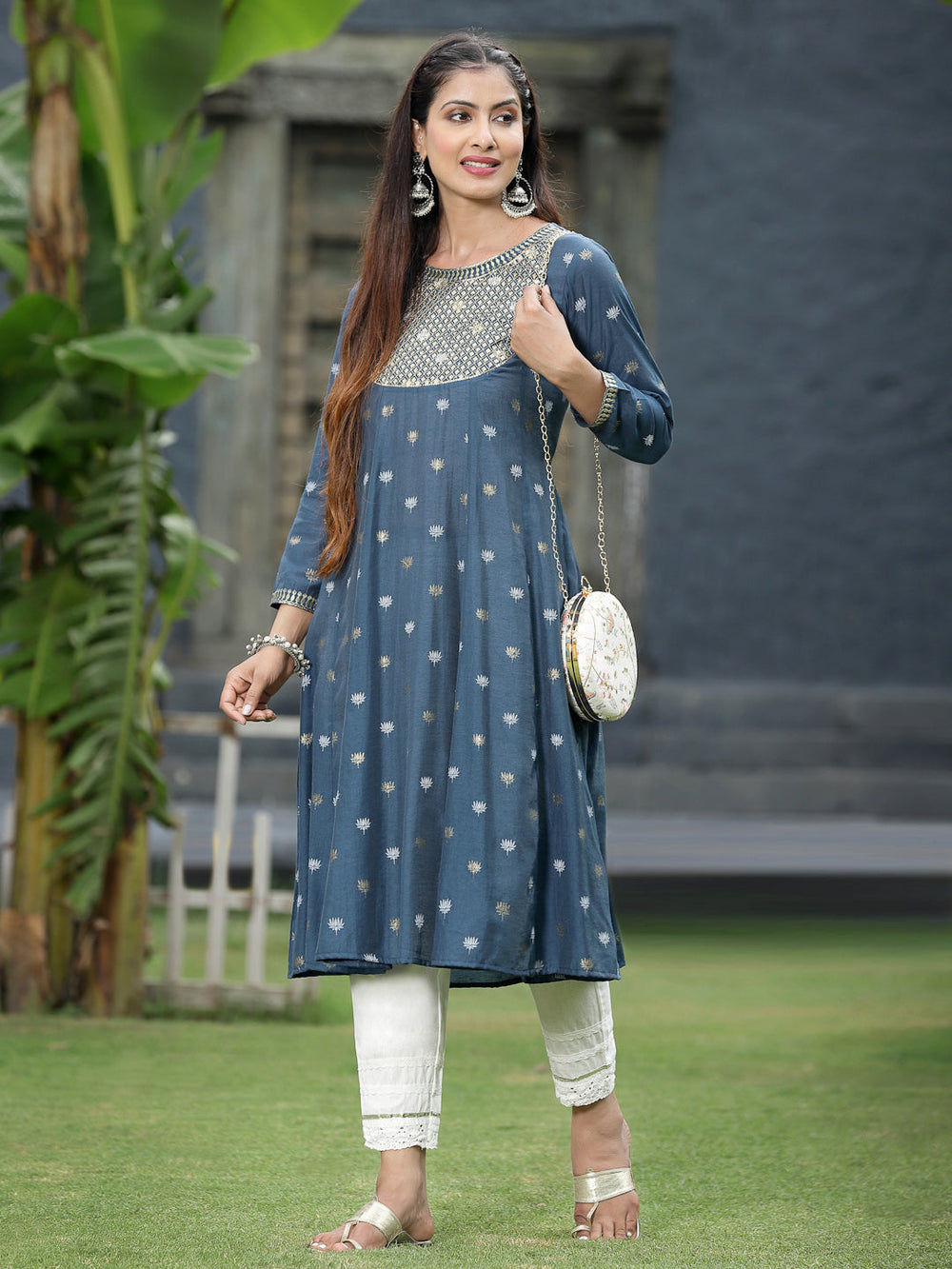 Juniper Women Indigo Rayon Festive Foil Printed Anarkali Flared Anarkali Kurta - Distacart