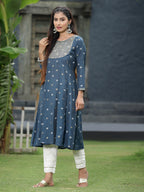 Juniper Women Indigo Rayon Festive Foil Printed Anarkali Flared Anarkali Kurta - Distacart