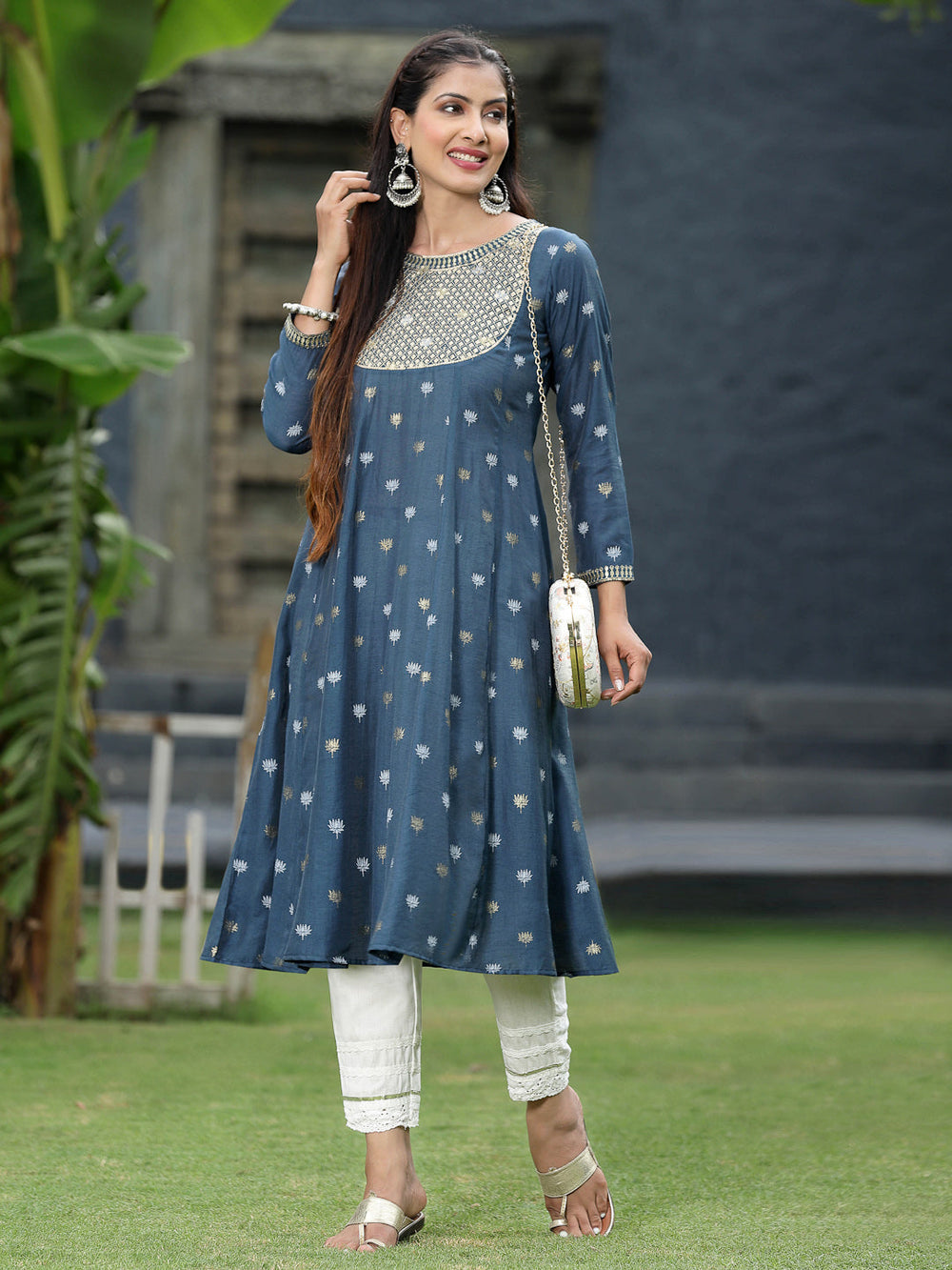 Juniper Women Indigo Rayon Festive Foil Printed Anarkali Flared Anarkali Kurta - Distacart