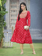 Juniper Women Red Rayon Festive Foil Printed Anarkali Flared Anarkali Kurta - Distacart