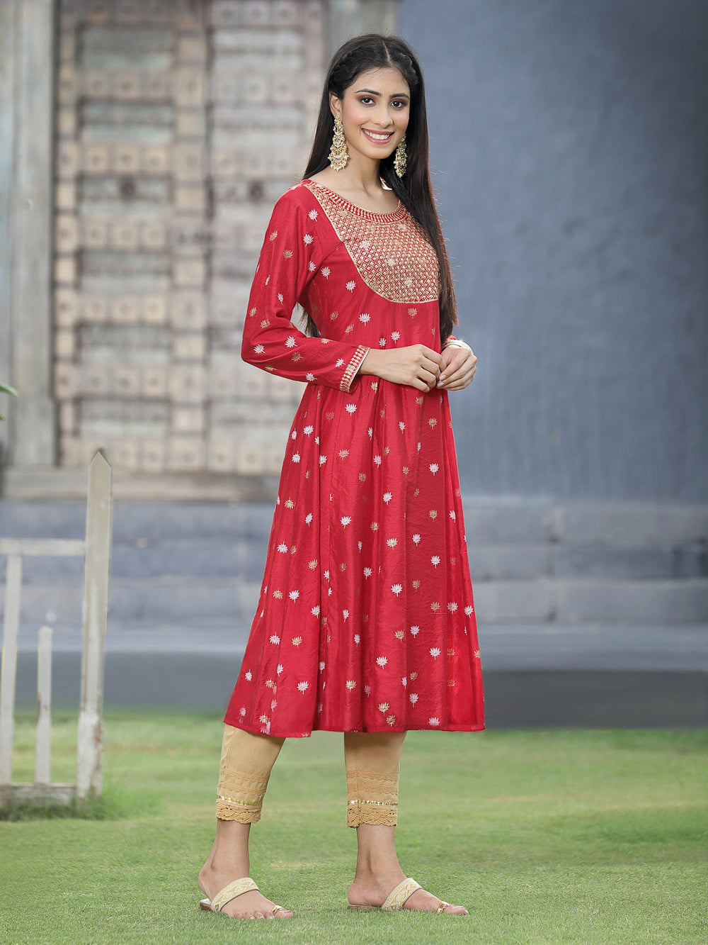 Juniper Women Red Rayon Festive Foil Printed Anarkali Flared Anarkali Kurta - Distacart